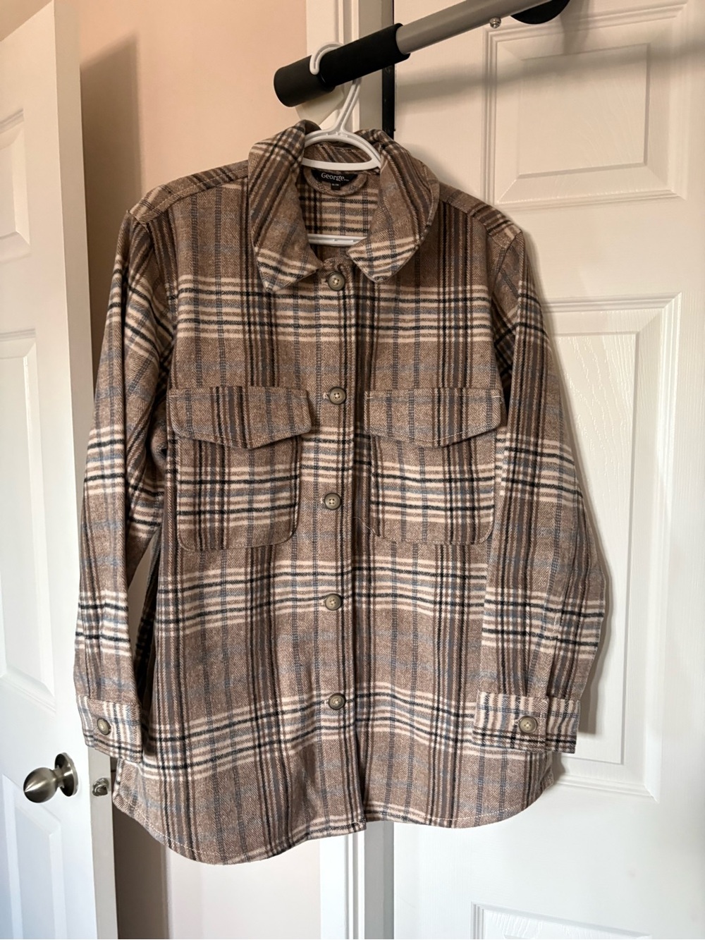 Cozy Plaid Button-Up Shacket in Brown and Cream